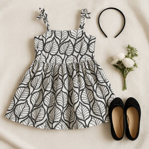 Janie and Jack Palm Leaf Cotton Eyelet Dress in Jet Ivory Black & White Size 2T